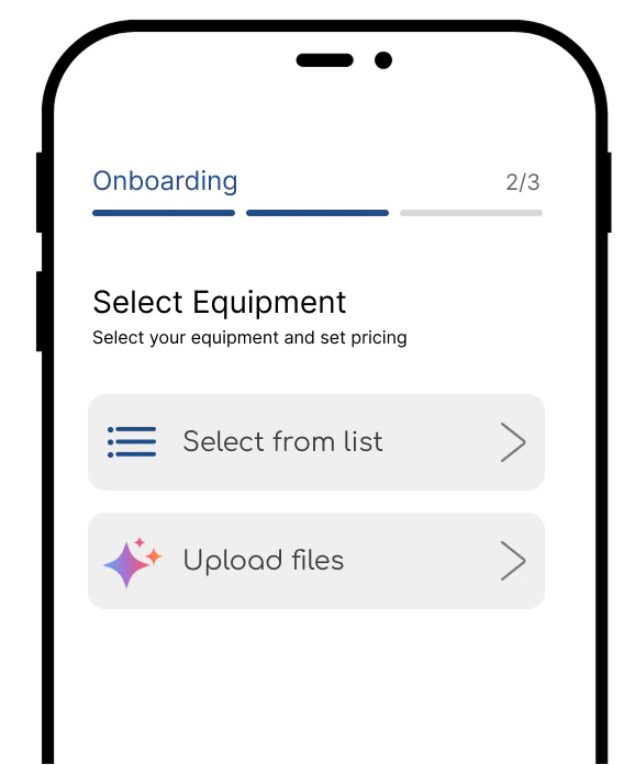 Onboarding screen showing equipment selection